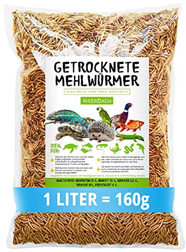 Mehlwürmer getrocknet, 1 Liter (160g) Futtermittel im Beutel, Igelfutter, der proteinreiche Snack für Wildvögel, Fische, Reptilien, Schildkröten und Igel