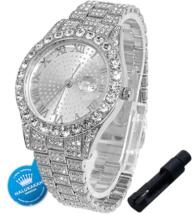 HALUKAKAH Reloj de Oro con Diamantes para Niños,Adolescentes,Chicos - Chapado en Platino,Esfera Redonda 42mm,Cuarzo Japonés - Longitud 20cm,con Herramienta de Ajuste - para Cumpleaños,Fiestas