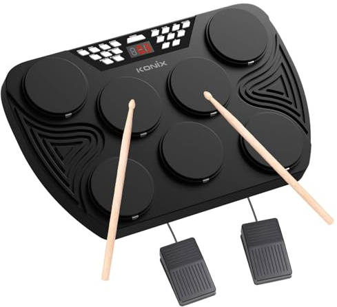 KONIX Electronic Drum Set, Tabletop Electric Drum Kit, 7 Pad Portable Digital Drum Pad Machine with Digital Panel, Built-in Speakers, PC Connection Support, Ideal Gift for Teens and Adult Beginners