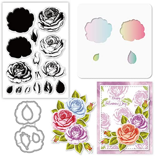 GLOBLELAND 3 piezas con temática de rosas en capas para el día de San Valentín, sellos transparentes de silicona, corte de metal, plantillas de manualidades para