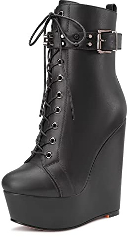 Castamere Femmes Haut High Compensé Plate-forme Talon Heel Rond Bout Bottines Lacets Fermeture à Glissière Bottes