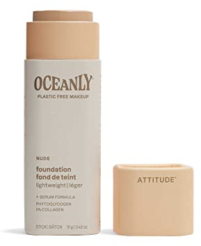 ATTITUDE Oceanly Plastic-Free Light Coverage Foundation Stick, Titanium Dioxide-Free, EWG Verified, Vegan Makeup, Nude, 12 grams