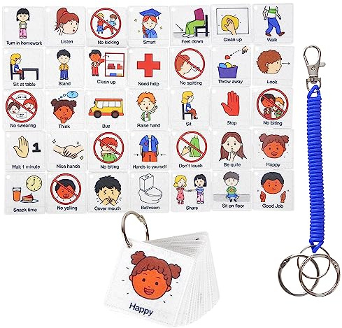 CHEFAN Autism Communication Card for Special Education, Speech Delay Nonverbal, ADHD, Visual Aid Feelings Emotions 40pcs Pocket Flash Cards for Special Need, Language Learning Cue Cards for Kids