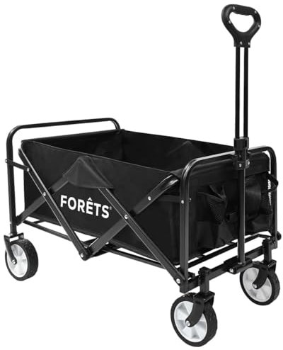 FORÊTS Carro Plegable para Camping, Jardín, Playa y Aire Libre | 70 x 40 x 44 cm | 4 Ruedas Giratorias 360º | Manija Ajustable | Capacidad Máx. 75 kg | Negro | FTS001