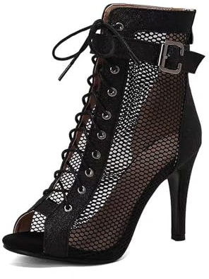 SWDZM Bottines de Danse Latine pour Femme Peep Toe Salsa Bachata Talons Danse de Salon,Noir,Talon 9.5cm,Semelle en Caoutchouc,36EU