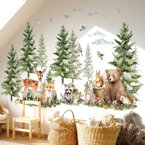 DECOWALL SG4-2422 Väggdekaler med tallar och skogsdjur Berg Skog Skogsdjur Rådjur Räv Väggdekor Barn Mysigt rum Barnrum Lekrumsinredning | Akvarell-skogsscen med tall, berg, björn, rådjur, räv och tvättbjörn; avtagbar, flyttbar, fritt ordnad