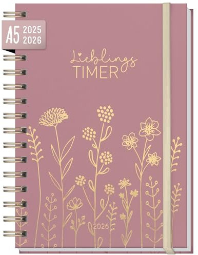 Häfft® Lieblings-Timer Ringbuch Kalender 2025/2026 A5 Fine Flowers rosé Wochenplaner 17 Monate: Aug. 25 bis Dez. 26 - Hardcover Terminkalender, Terminplaner - nachhaltig & klimafreundlich