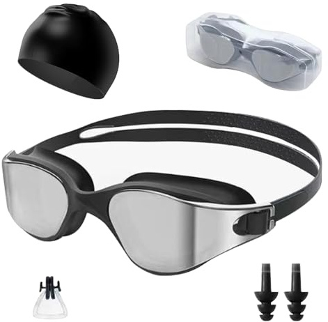 XFSRG Negro Plateado Gafas de Natación Gorro de Natación 50G para Hombre y Mujer Protección UV Antiniebla Correa Ajustable Comodidad Profesionales Tapones con Clip para la Nariz