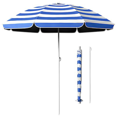 Sombrilla de Playa para Exteriores con Franjas Azules y Blancas Sombrilla de Jardín Altura Ajustable e inclinación Parasol Terraza Toldo Portátil Anti-UV
