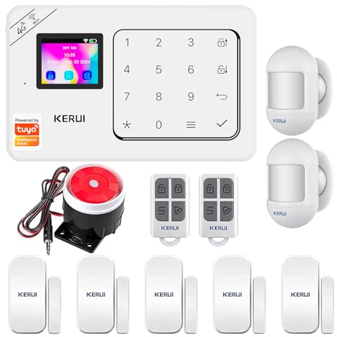 KERUI Wireless Security Burglar Door Alarm System WIFI GSM 4G Kit for Shed House Hotel Shop Apartment, Weatherproof Siren Horn with Remote Control Door Contact Sensor,Motion Sensor- White