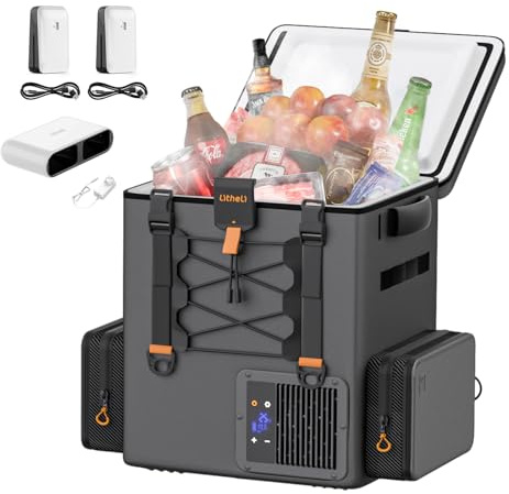 Litheli FrozenPack - Frigorifero a compressore, 20 l, 12 V/240 V, per campeggio, viaggi, camper, raffreddamento rapido, 15 minuti, con 2 batterie da 4,0 Ah e caricatore (3 confezioni)