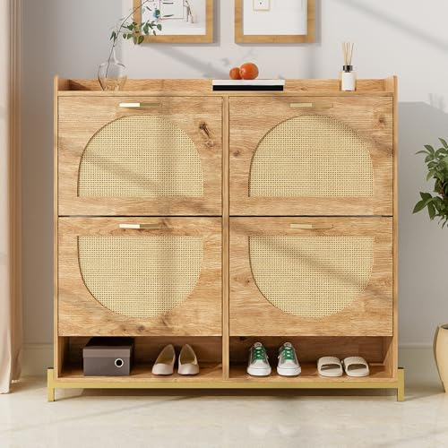 BTM Meuble à Chaussures Élégant en Bois avec Portes en Rattan – 4 Portes, Cadre en Métal et Étagère Supérieure pour Rangement Élégant et Clair