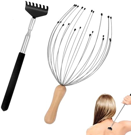 Masseur de Tête avec 24 Doigts, Araignée de Massage Tete, Gratte Dos Télescopique, pour Garçons et Filles, Stimulation des Cheveux, Réduction du Stress