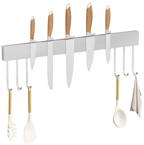 SMART&COOL Magnetleiste Messer mit 6 Haken, 40CM Messerhalter Magnetisch, Magnet Messerhalter aus Edelstahl mit Starkem Magnet, inklusive Klebeband und Schrauben, für Messer und Küchenutensilien