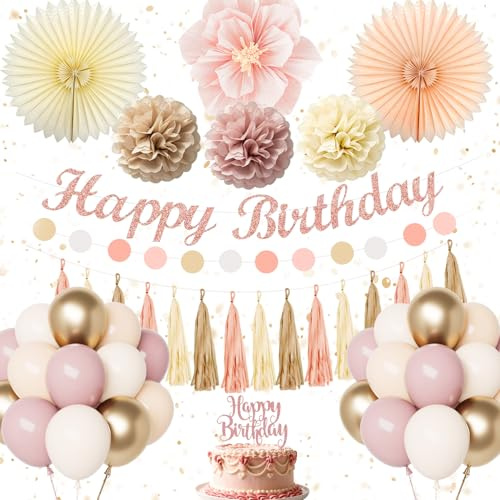 Decoracion Cumpleaños Niñas Mujer, Rosa y dorado Globos Cumpleaños Set con Banderín Happy Birthday Decoracion, Pompones, Adorno para Pastel, Globos de Látex para Fiesta para Niños y Adultos