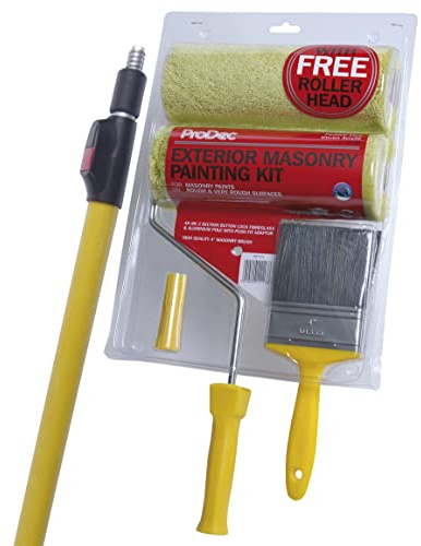 ProDec 6 Piece Twin Head Masonry Roller, 4'-8' Extension Pole & 4 Masonry Brush Set, Heavy Duty Paint Roller Set for Painting with Smooth & Textured Paints on Exterior Walls, 9
