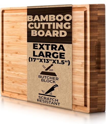 Butcher Block - Organic Bamboo Cutting Board w/Juice Groove - 17x13x1.5 -Butcher Block Cutting Board - Premium Quality and Professional Design - Bamboo Chopping Block