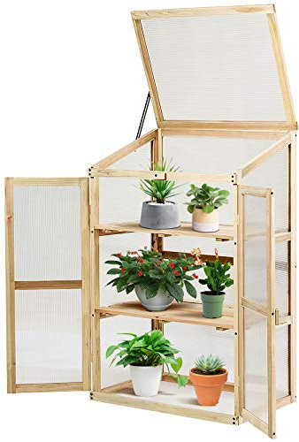 GOPLUS Serre en Bois avec Vitrages Transparents Amovible en Polycarbonate, avec Ouverture Inclinée, Serre pour Plantes et Légumes pour Balcon Terrasse Jardin (60 x 45 x 100 cm)