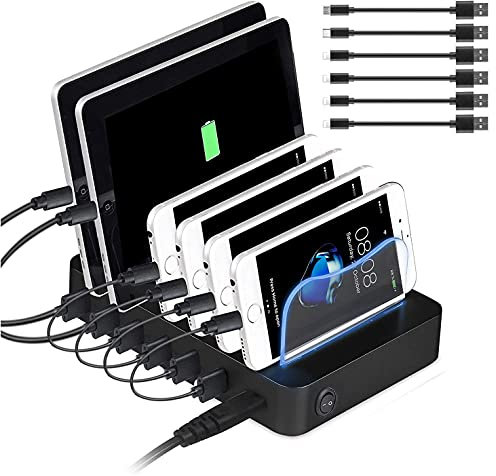 PRITEK Stazione di Ricarica USB a 6 Porte per Dispositivi Multipli 50W/10A - Organizer per Cellulare, Tablet, Auricolari e Gadget Abilitati USB (Nero)