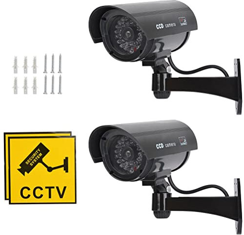 EMNIMQ 2PCS Caméra de Surveillance Factice Caméra Factice CCTV avec LED Lumière Clignotante étanche Noire Fausse de Sécurité Caméra avec Vis d'Autocollants d'Avertissement Fixé Au Mur