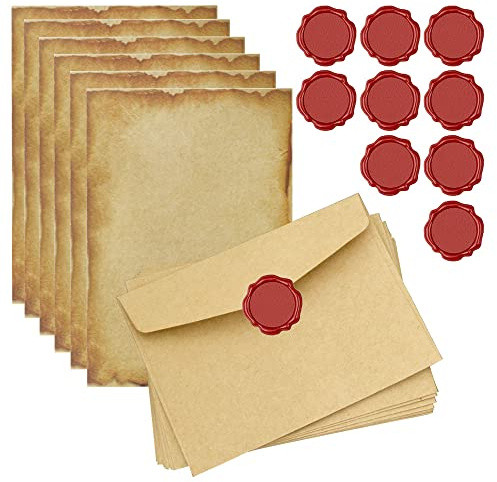 Zasvec Set di Cancelleria Vintage Carta da Cancelleria Vintage e Buste Include 10 Buste, 20 Fogli Carta Lettera e 10 Adesivo Sigilli di Cera per Lettere Fatte a Mano