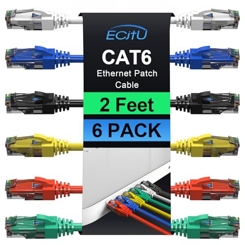 Cat6 Patch Cables 2 Feet (6 Pack), Cat 6 Ethernet Cable, 24AWG CCA Cord, UTP Network, Internet Cable, Compatible for PC, Laptop, Routers, Switches, Servers, Printers, RJ45 LAN with 25 Cable Ties - 2FT