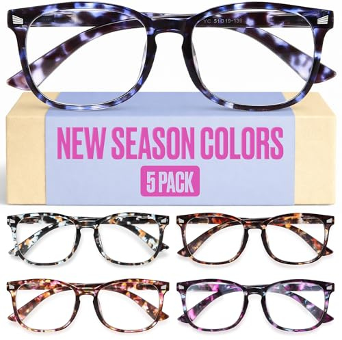 CCVOO +1.75 Ladies Reading Glasses for Women Clear Vision – 5-Pack Blue Light Filtering Readers with Spring Hinges