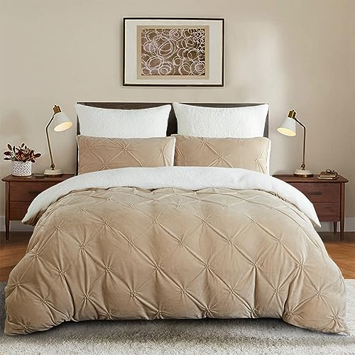 Lanqinglv Ropa de cama de franela de forro polar, 155 x 220 cm, color beige, caqui, oso de peluche, ropa de cama de invierno de cachemira, suave, funda nórdica con cremallera y 1 funda de almohada de