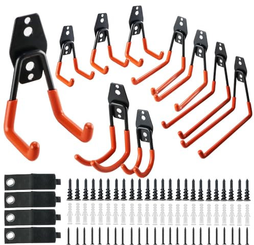 VonLux 10Pcs Heavy Duty Garage Hooks and 4Pcs Storage Straps, Utility Double Hooks Shed Garage Storage Hooks, 5 Sizes Wall Mounted Garage Hangers for Hanging Ladder Bike Garden Tool Hose