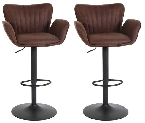 Mendler 2er-Set Barhocker HWC-M67, Barstuhl, mit Armlehne Fußablage drehbar Stoff/Textil Eisen FSC® - Dunkelbraun Fuß schwarz