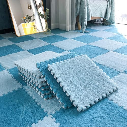 Tappeto in schiuma peluche Tappetino da arrampicata antiscivolo 12 pezzi Piastrelle per pavimenti ad incastro morbido Tappetino puzzle soffice - 12x12 pollici (Color:azzurro + blu scuro)