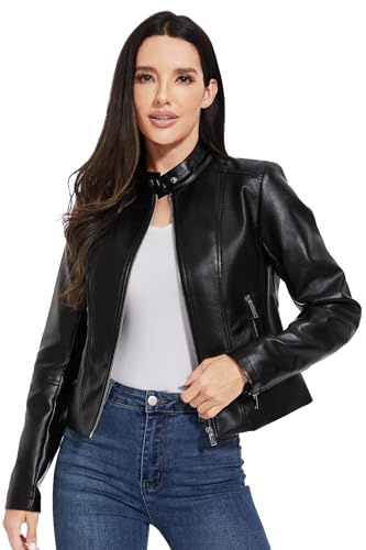 Fahsyee Faux Leather Jacket Women - Black Bomber Motorcycle Cropped Coat Moto Biker Blazer Casual Vegan Jackets Fashion M