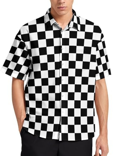 Lurhonp Mens Hawaiian Shirts Casual Short Sleeve Button Down Tropical Beach Shirt,Black White Checkered,L