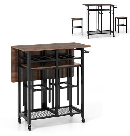 GIANTEX Chariot mobile avec table pliante carrée pliable 3 pièces avec étagère à vin, étagère inférieure et poignée coulissante, 2 tabourets et roues verrouillables (noyer) MY44563ES