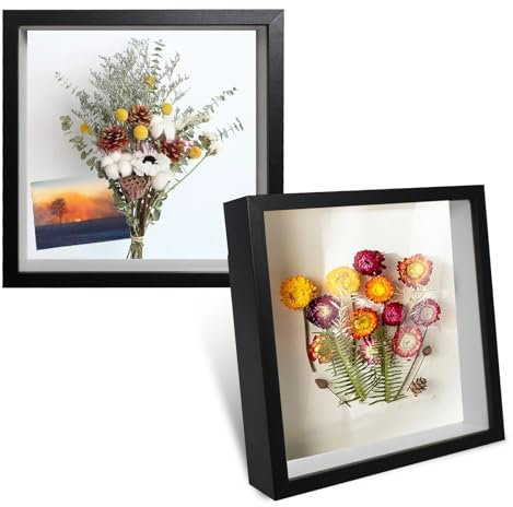 2Pcs 3D Bilderrahmen zum Befüllen 20 x 20cm 3D Objektrahmen Hölzern Tief 3cm, Vitrine Rahmen für Objekte, Blumen Große Schattenbox, Hochzeitsstrauß Erinnerungsstücke Fotos für Andenken(Schwarz)