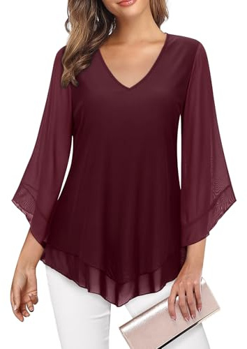 Gemulate Ladies Red Tops Chiffon Top for Women UK Womens Blouses Ruffle 3/4 Sleeve Mesh Ladies Tops Chiffon Double-Layered Tunic Top Loose Flowy Shirts - Dark Red, M