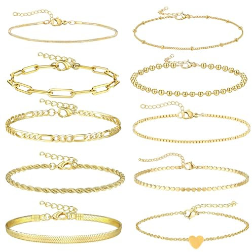 Uwiyo 10 Stück Armband Gold für Damen Armband Verstellbar Damen Schlangenkette Twist Figaro Ketten Armbänder Boho Gold Modeschmuck Armbänder Set für Frauen Mädchen (Golden Set 2)