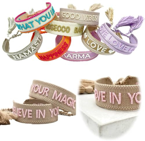 LS-LebenStil Exklusives Statement Armband - das Original - Believe in Your Magic 16-20cm Quasten besticktes Boho Canvas Webarmband Damen Freundschaftsarmband Geschenk gewebt textil Stoffarmband