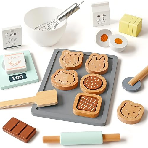 PairPear Lekkök tillbehör trä kakor set bakset barnkök tillbehör med mat leksak träleksaker kakor rollspel småbarn leksak gåva för pojkar och flickor från 3 år