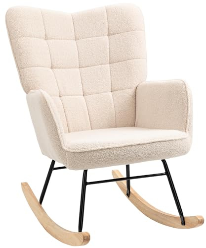 HOMCOM Mecedora de Borreguito Silla Mecedora con Patas de Madera de Haya y Marco de Acero Carga 120 kg para Dormitorio Salón Beige