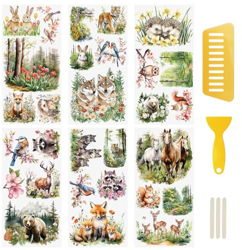 WANDIC 6 st vårdjur gnuggar på överföringsklistermärken, skog och sjö landskap dekaler räv kanin djur för möbler scrapbooking fönster, 15 x 30 cm