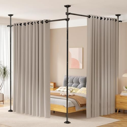 Room Divider No Drilling Curtain Rod Wall Divider for Room Separation, 227-312 cm.(H) 71-290 cm.(W) Adjustable, Heavy Duty Partition Space Separator Freestanding Tension Curtain Stand, Black