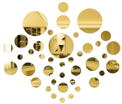 TAIANJI Specchio rotondo autoadesivo, 40 pezzi, per decorazione da parete fai da te, soggiorno, camera da letto, riflessione (oro)