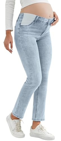 Leovqn Women's Maternity Jeans Slim Side Stretchy Straight Leg Pregnancy Petite Denim Pants with Pockets Light Blue