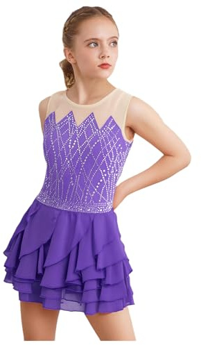 Freebily Abito da Pattinaggio Artistico Bambina Vestito da Balletto Danza Classica Ballerina con Strass Body Ginnastica Ritmica Costume da Ballo Lirico Contemporaneo Viola 9-10 Anni