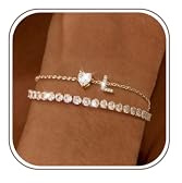 LOLIAS Pulsera Personalizada Mujer Oro Pulsera Tobillera Mujer Plata Ley Tenis Colgante Letra Corazón Pulsera Capas Regalos para Pies Playa Verano Joyería L