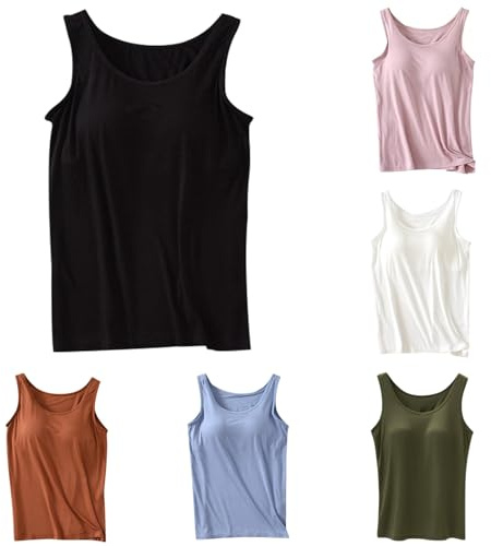 Camiseta sin Mangas para Mujer Verano Camiseta con Sujetador Integrado Blusa Tirantes Ancho con Cuello Redondo Tank Top Casual Sólido Elástico Ajustado Tank Shirt S-4XL