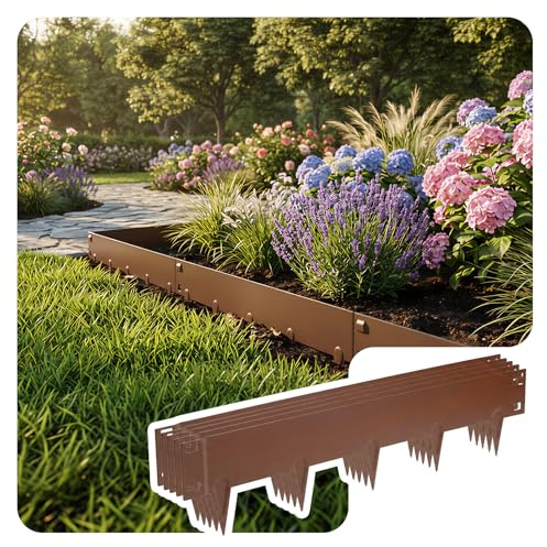 VOUNOT® Bordura per Giardino in Metallo Zincato 10M, Bordo Aiuole Resistente spessore 1,5mm, 106x18cm, Set da 10 Pezzi Bordure Flessibile per Prato, Piante da Giardino, Orto, Marrone