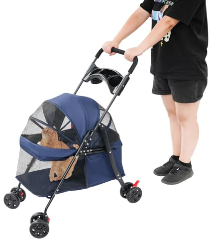 Vikbar husdjursvagn upp till 18 kg, lätt hundvagn med 360° hjul och parkeringsbroms – vikbar transportvagn med ventilationsnät för små hundar/katter (marinblå)