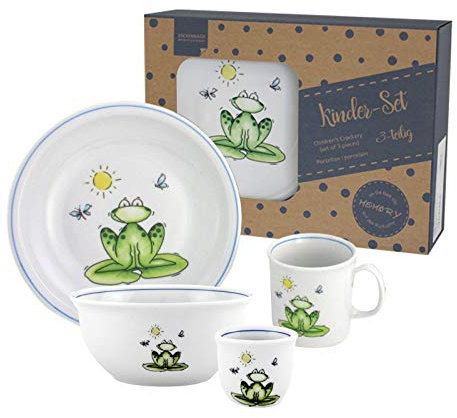 Kindergeschirr 5-teilig Frosch, Porzellan Kindergeschirr mit Kinderteller flach, Kinderteller tief, Kindertasse, Müslischale, Eierbecher, Geschirr, Gedeck, Zoo, Tiere, Kinderservice